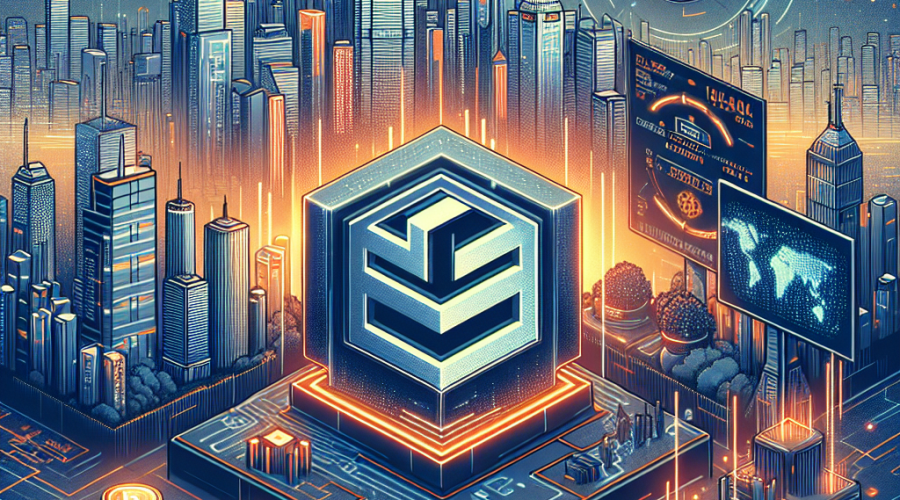 "Digital artwork featuring Animoca Brands' logo, Hong Kong's futuristic skyline, tokenization of real world assets, an illustration of a stablecoin and the Nasdaq symbol, symbolizing their upcoming partnership and IPO. The artwork is colored in dominating shades of Orange, Dark Blue and Midnight Blue."