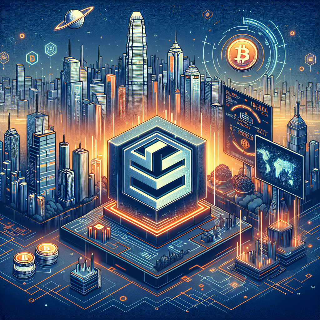 "Digital artwork featuring Animoca Brands' logo, Hong Kong's futuristic skyline, tokenization of real world assets, an illustration of a stablecoin and the Nasdaq symbol, symbolizing their upcoming partnership and IPO. The artwork is colored in dominating shades of Orange, Dark Blue and Midnight Blue."
