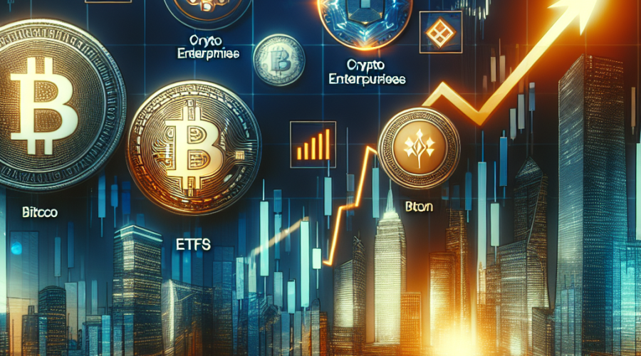 "ARK Invest bullish on crypto, acquiring shares in Circle, Bullish, BitMine, Robinhood, and Bitcoin ETFs. Image represents brand's investment strategy in dark blue and orange, featuring Bitcoin, ARK Invest logo, and a rising graph line indicating growth despite volatile crypto market."