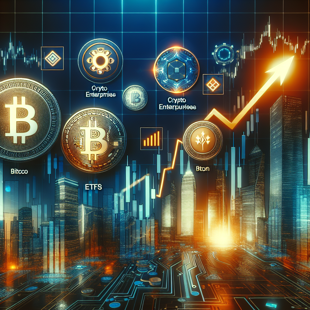 "ARK Invest bullish on crypto, acquiring shares in Circle, Bullish, BitMine, Robinhood, and Bitcoin ETFs. Image represents brand's investment strategy in dark blue and orange, featuring Bitcoin, ARK Invest logo, and a rising graph line indicating growth despite volatile crypto market."