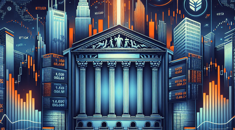 **SEO-optimized alt text:** Sleek digital illustration blending traditional finance and cryptocurrency trading, featuring stylized New York Stock Exchange architecture merging with Bitcoin and Ethereum icons orbiting a futuristic digital “Bullish” exchange interface. Financial charts, ETF icons, and upward arrows symbolize market growth and innovation, set against a dark and midnight blue gradient background with vibrant orange highlights, representing optimism and a professional, tech-forward aesthetic. Optimized for finance and cryptocurrency blog visuals.