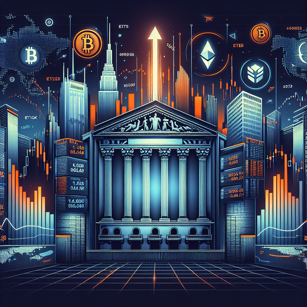 **SEO-optimized alt text:** Sleek digital illustration blending traditional finance and cryptocurrency trading, featuring stylized New York Stock Exchange architecture merging with Bitcoin and Ethereum icons orbiting a futuristic digital “Bullish” exchange interface. Financial charts, ETF icons, and upward arrows symbolize market growth and innovation, set against a dark and midnight blue gradient background with vibrant orange highlights, representing optimism and a professional, tech-forward aesthetic. Optimized for finance and cryptocurrency blog visuals.