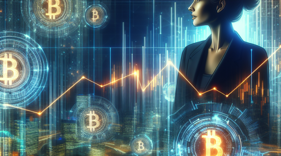 "Cathie Woods, CEO of ARK Invest, industriously analyzing cryptocurrency data on hi-tech holographic screens. A modern design with looping digital stocks showcasing a financial future for Bullish, Circle Internet Group, and Bitmine in vibrant hues of Orange, Dark Blue, and Midnight Blue. A subtle upward graphical line in the background highlights the growth of investment. Perfect blend of technology, cryptocurrency and investment strategy in a 1200 x 628 pixel image."