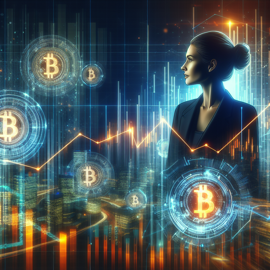 "Cathie Woods, CEO of ARK Invest, industriously analyzing cryptocurrency data on hi-tech holographic screens. A modern design with looping digital stocks showcasing a financial future for Bullish, Circle Internet Group, and Bitmine in vibrant hues of Orange, Dark Blue, and Midnight Blue. A subtle upward graphical line in the background highlights the growth of investment. Perfect blend of technology, cryptocurrency and investment strategy in a 1200 x 628 pixel image."