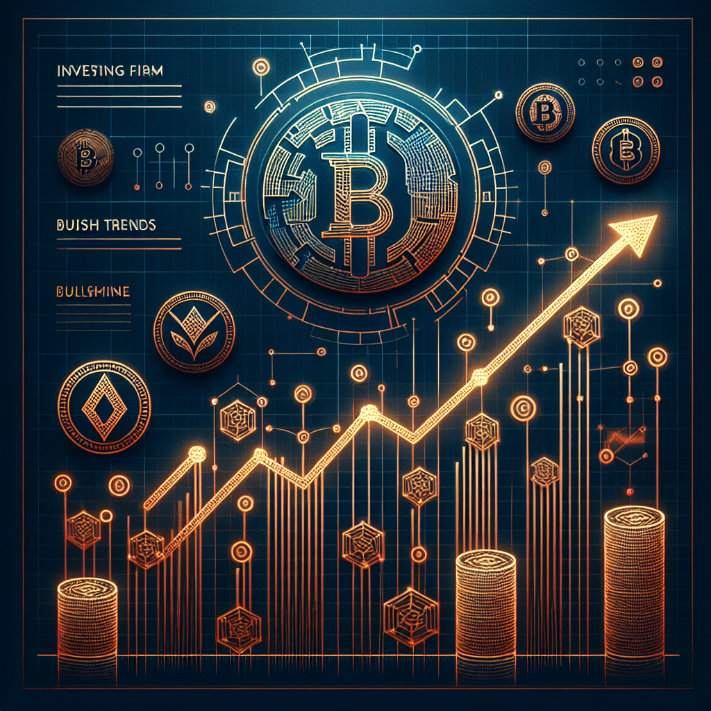 "ARK Invest logo and crypto buying spree text in orange with upward graph, Bitcoin and Ethereum symbols on a dark blue background. Subtle endorsement of BitMine and Bullish brands with an illustrative coin stack representing increasing share purchases."