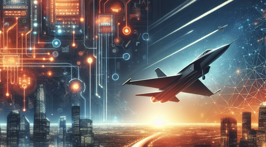 **SEO-optimized alt-text:** Futuristic blog hero image illustrating a modern cityscape and advanced control center, showcasing cutting-edge data centers and aerospace technologies. Visual elements include glowing orange data streams, a jet aircraft in flight, electric circuit patterns, and digital grids, symbolizing Electrical Americas and Aerospace segments. The scene features Axon’s brand colors—bright orange accents (#FF9811) against dark blue (#000D43) and midnight blue (#021B88) backgrounds—with abstract shapes and network connections to convey innovation, connectivity, and digital infrastructure leadership. Perfect for high-tech, growth-focused branding.