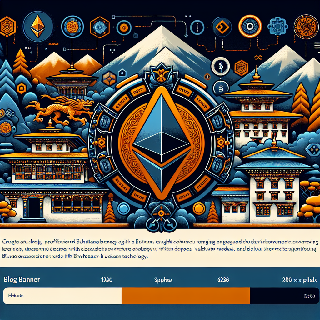 SEO Alt-Text: Bhutan embracing blockchain technology—professional blog banner showing stylized Bhutanese landscape and traditional motifs blended with Ethereum logos, validator nodes, and digital network graphics, featuring national colors orange, dark blue, and midnight blue, symbolizing secure, innovative government adoption of crypto.
