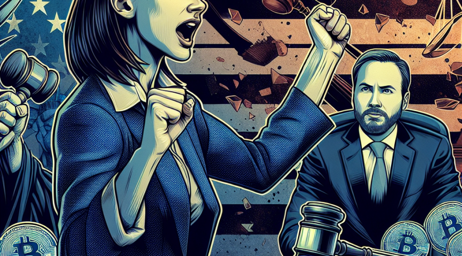 "SEO Alt-Text: Teresa Goody Guillén advocating for Binance co-founder CZ Zhao amidst controversy, depicted against a gavel, an American Flag, and Binance logo backdrop, with a shadowy silhouette of President Trump referencing the pardon, encapsulating a sense of eeriness in tones of orange and blues. Image titled 'Binance co-founder's Pardon Controversy', sized 1200x628 pixels."