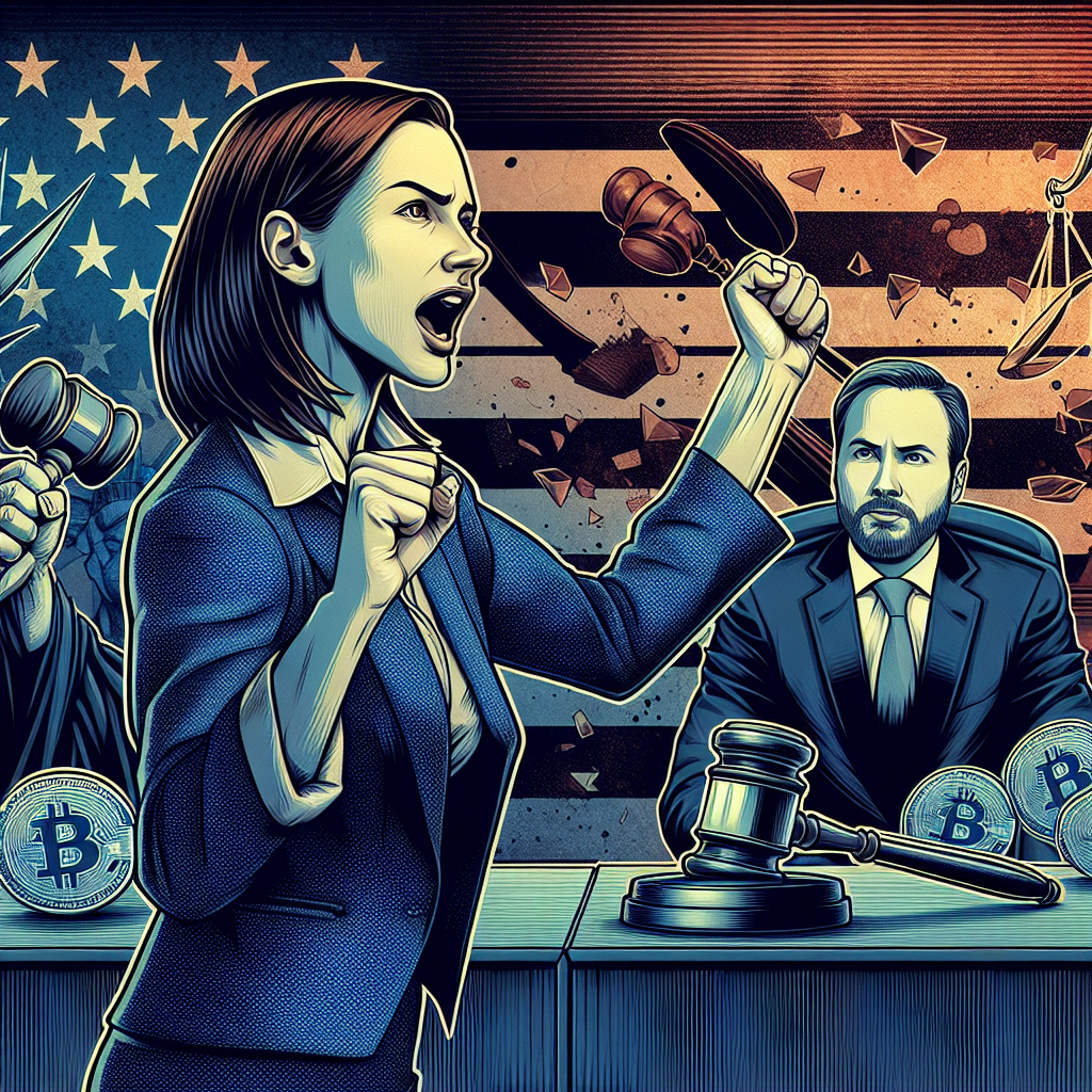 "SEO Alt-Text: Teresa Goody Guillén advocating for Binance co-founder CZ Zhao amidst controversy, depicted against a gavel, an American Flag, and Binance logo backdrop, with a shadowy silhouette of President Trump referencing the pardon, encapsulating a sense of eeriness in tones of orange and blues. Image titled 'Binance co-founder's Pardon Controversy', sized 1200x628 pixels."