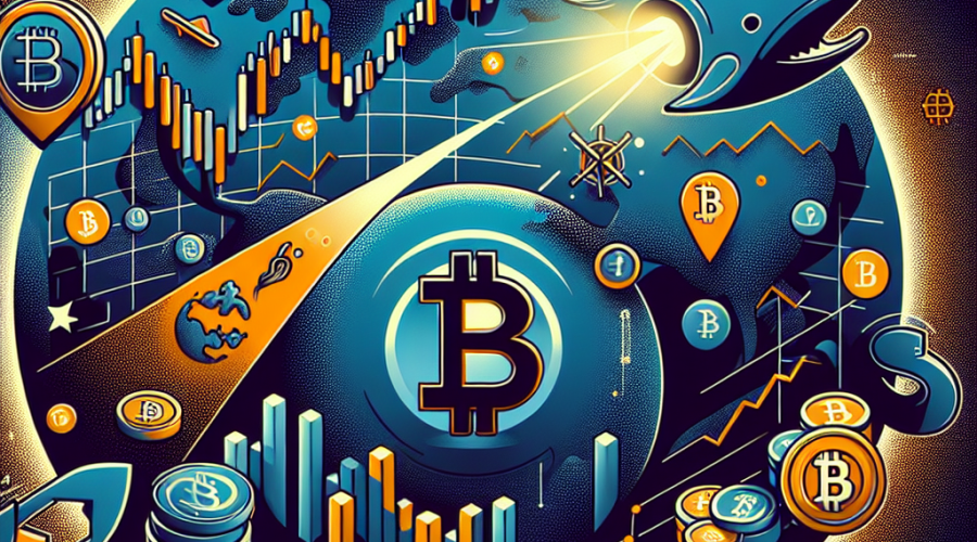 "Bitcoin's logo dominating a representation of the cryptocurrency market fluctuating between $100,000-$105,000, visible signs of whale accumulation, transition of cryptocurrency funds from exchanges to secure cold storage highlighted, set against a globe representing macroeconomic factors. Featured in brand colours orange, dark blue and midnight blue."