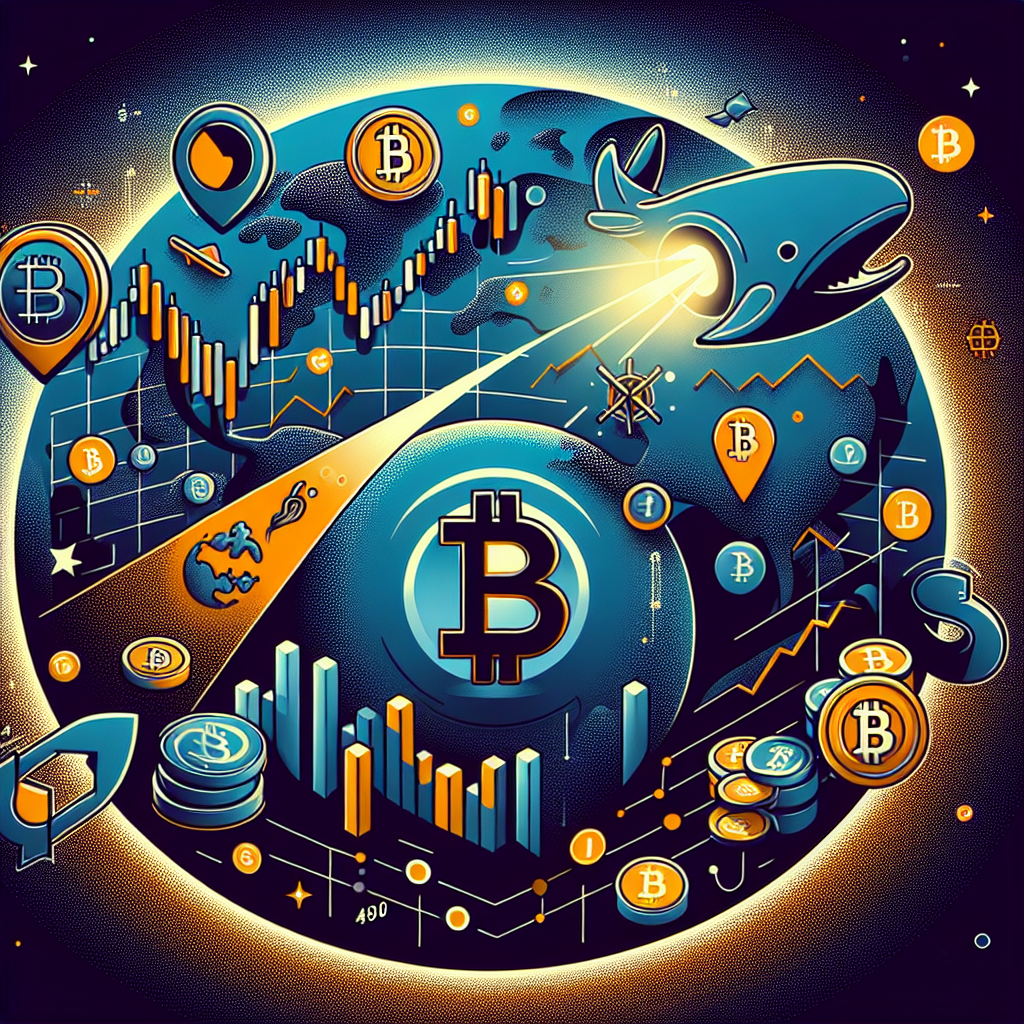 "Bitcoin's logo dominating a representation of the cryptocurrency market fluctuating between 0,000-5,000, visible signs of whale accumulation, transition of cryptocurrency funds from exchanges to secure cold storage highlighted, set against a globe representing macroeconomic factors. Featured in brand colours orange, dark blue and midnight blue."