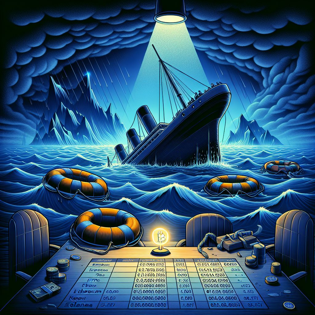 "Spotlight shining on a sinking Bitcoin ETF ship surrounded by deflated Ethereum and Solana ETFs in a turbulent sea, representing market downturn and outflows. An orange table shows increasing negative numbers for multiday bleed. The midnight blue background, orange text, and dark blue sinking ship contribute to the somber mood of cryptocurrency investment risk."