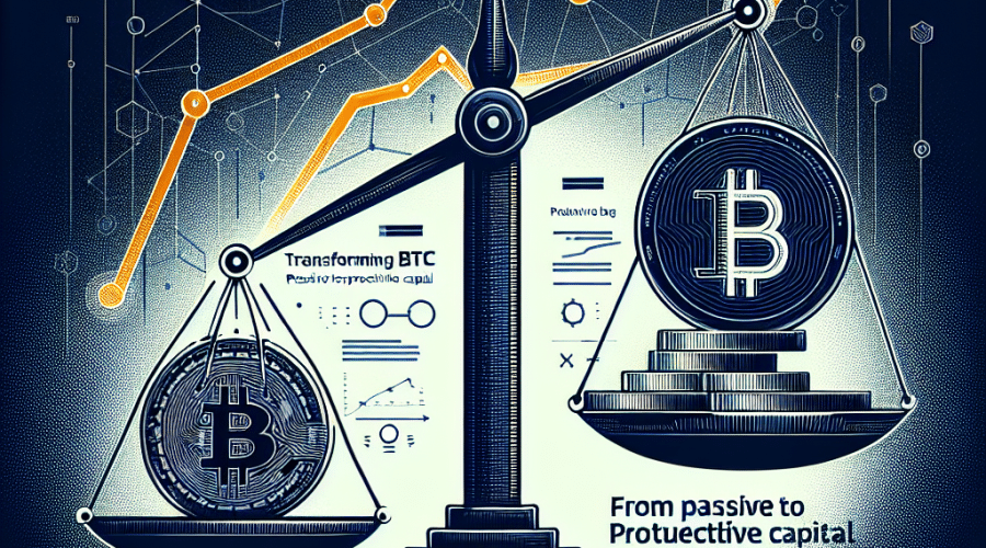 "Digital image depicting the transformation of Bitcoin from passive to productive capital. A physical Bitcoin coin balances on a stylized scale with a rising line graph, showcasing the potential for growth. The dark blue background, highlighted with orange network nodes, signify ongoing cryptocurrency transactions. Midnight blue text 'Transforming BTC, From passive to productive capital' underscores Function CEO Thomas Chen's view of the evolving landscape of Bitcoin. The company logo is prominently displayed in white at the bottom right corner."