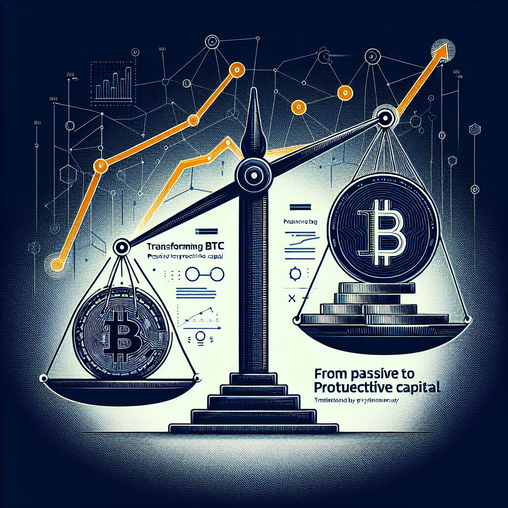 "Digital image depicting the transformation of Bitcoin from passive to productive capital. A physical Bitcoin coin balances on a stylized scale with a rising line graph, showcasing the potential for growth. The dark blue background, highlighted with orange network nodes, signify ongoing cryptocurrency transactions. Midnight blue text 'Transforming BTC, From passive to productive capital' underscores Function CEO Thomas Chen's view of the evolving landscape of Bitcoin. The company logo is prominently displayed in white at the bottom right corner."
