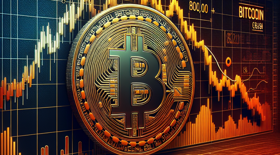 "Bitcoin Crash - Detailed infographic chart in midnight blue showing the bearish market graph as Bitcoin plunges below 0,000 for the first time since May 2025. Earthy orange hues visualizing the drop mixed with Bitcoin symbols, representing high market volatility. A clean, impactful representation of cryptocurrency market turbulence."