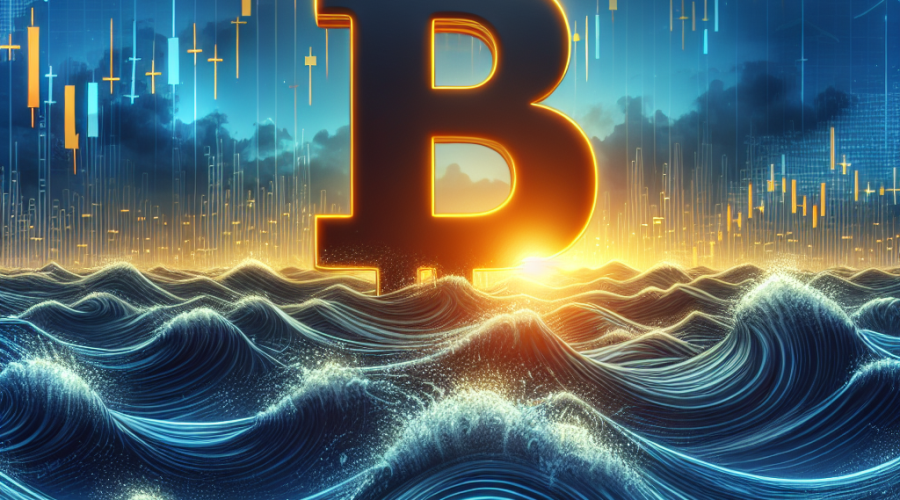 SEO-optimized alt-text for your described image: Modern professional illustration sized 1200 x 628 pixels showing a large orange Bitcoin symbol rising from turbulent dark blue and midnight blue waves, symbolizing market volatility, with dramatic clouds overhead indicating uncertainty. Subtle upward arrows and digital lines in the background suggest optimism and potential recovery, while faint silhouettes of financial charts and world maps add macroeconomic context. The image uses brand colors Orange (#FF9811), Dark Blue (#000D43), and Midnight Blue (#021B88) to convey resilience, transition, and growth potential for Bitcoin and cryptocurrency markets despite current challenges.