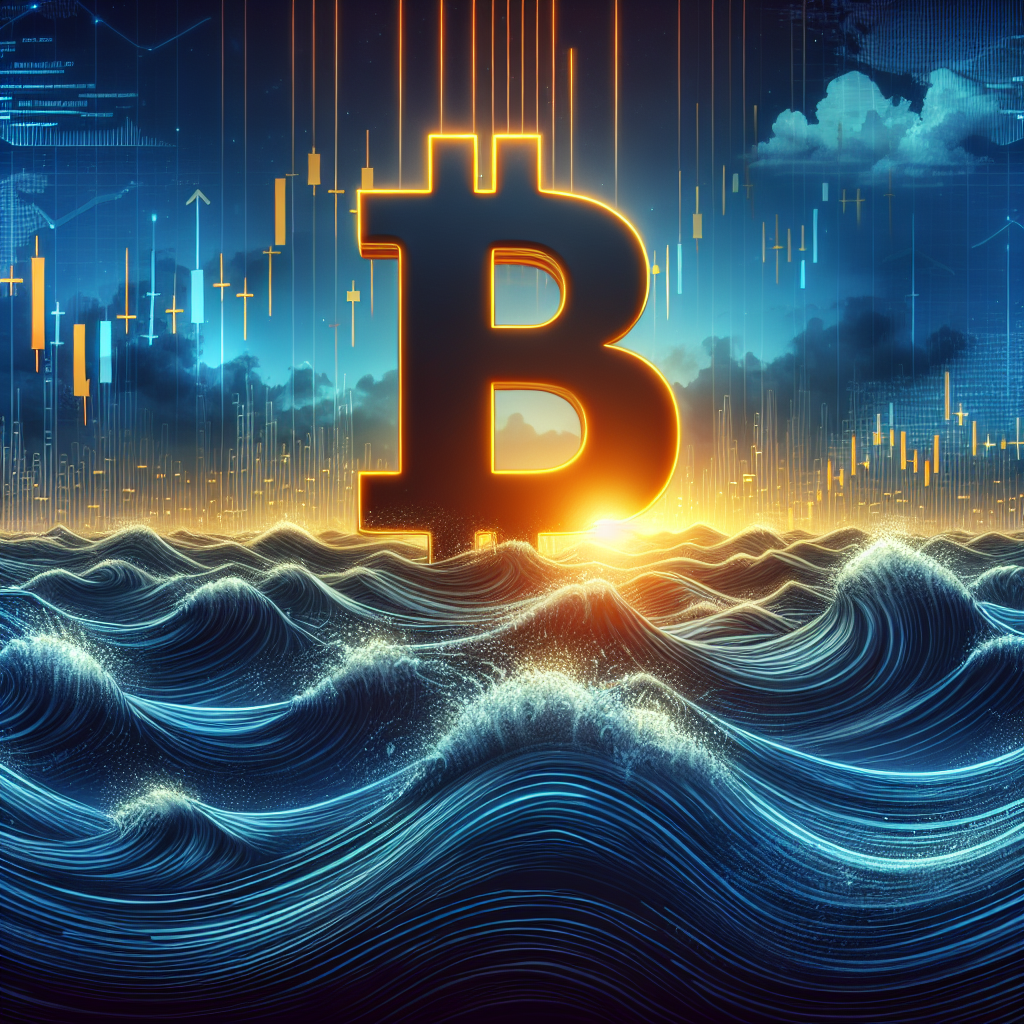 SEO-optimized alt-text for your described image: Modern professional illustration sized 1200 x 628 pixels showing a large orange Bitcoin symbol rising from turbulent dark blue and midnight blue waves, symbolizing market volatility, with dramatic clouds overhead indicating uncertainty. Subtle upward arrows and digital lines in the background suggest optimism and potential recovery, while faint silhouettes of financial charts and world maps add macroeconomic context. The image uses brand colors Orange (#FF9811), Dark Blue (#000D43), and Midnight Blue (#021B88) to convey resilience, transition, and growth potential for Bitcoin and cryptocurrency markets despite current challenges.