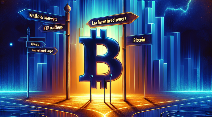 "Bitcoin logo in orange at a critical crossroads on a dark blue background, representing the fragile zone amid ETF outflows and market pressures. Bar graph in midnight blue indicating the declining Bitcoin price and ETF outflows, demonstrating steep losses for retail and short-term buyers and increased exposure for large holders."