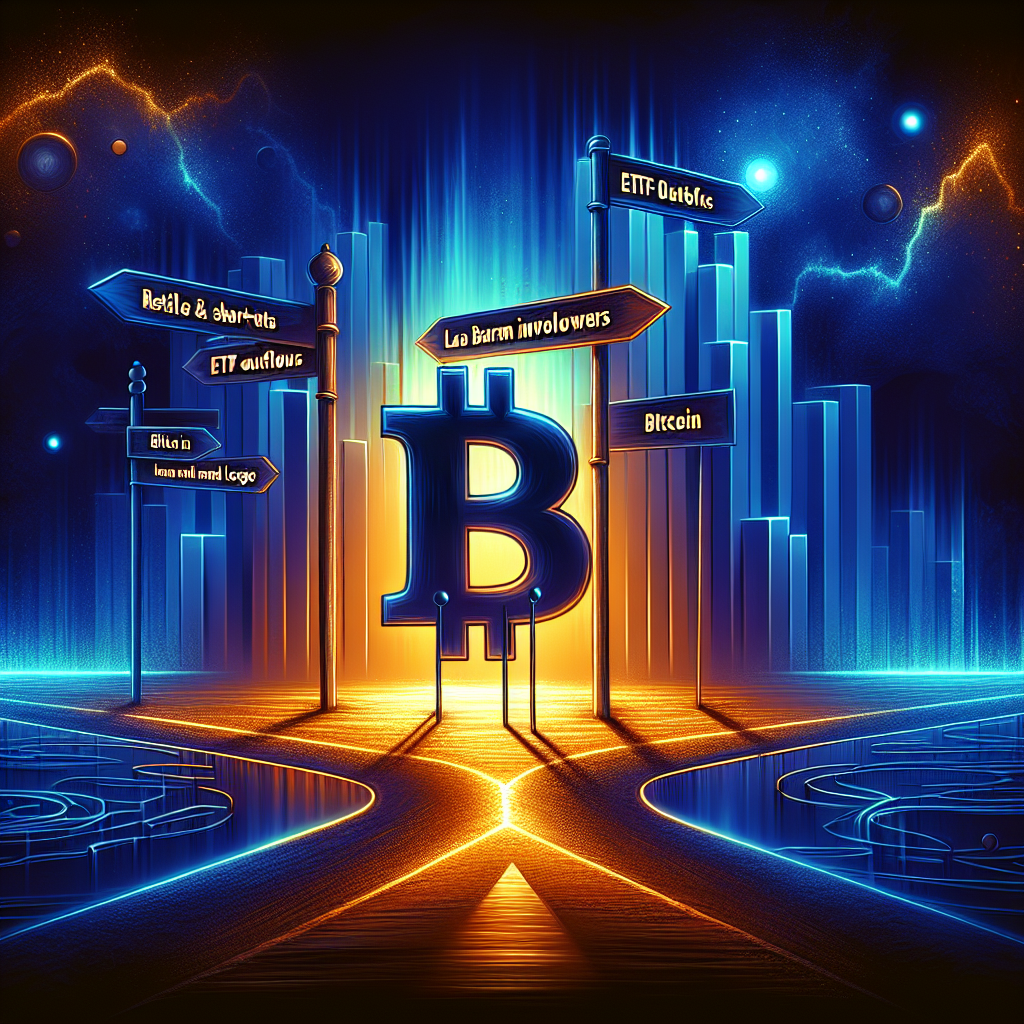 "Bitcoin logo in orange at a critical crossroads on a dark blue background, representing the fragile zone amid ETF outflows and market pressures. Bar graph in midnight blue indicating the declining Bitcoin price and ETF outflows, demonstrating steep losses for retail and short-term buyers and increased exposure for large holders."