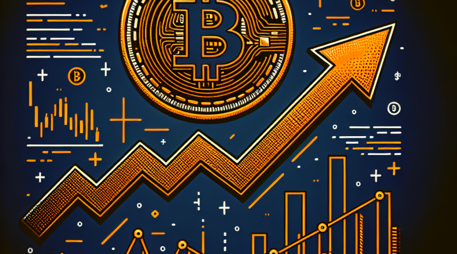 "Bitcoin coin in bright orange, soaring above a dark blue upward arrow symbolizing recovery. Blue market charts indicating fluctuation and recovery in the Midnight blue backdrop. The text 'Bitcoin's Recovery: A Potential Upswing' displayed at the bottom in vibrant orange. A perfectly fitting 1200x628 px image capturing the essence of Bitcoin's potential market upswing."