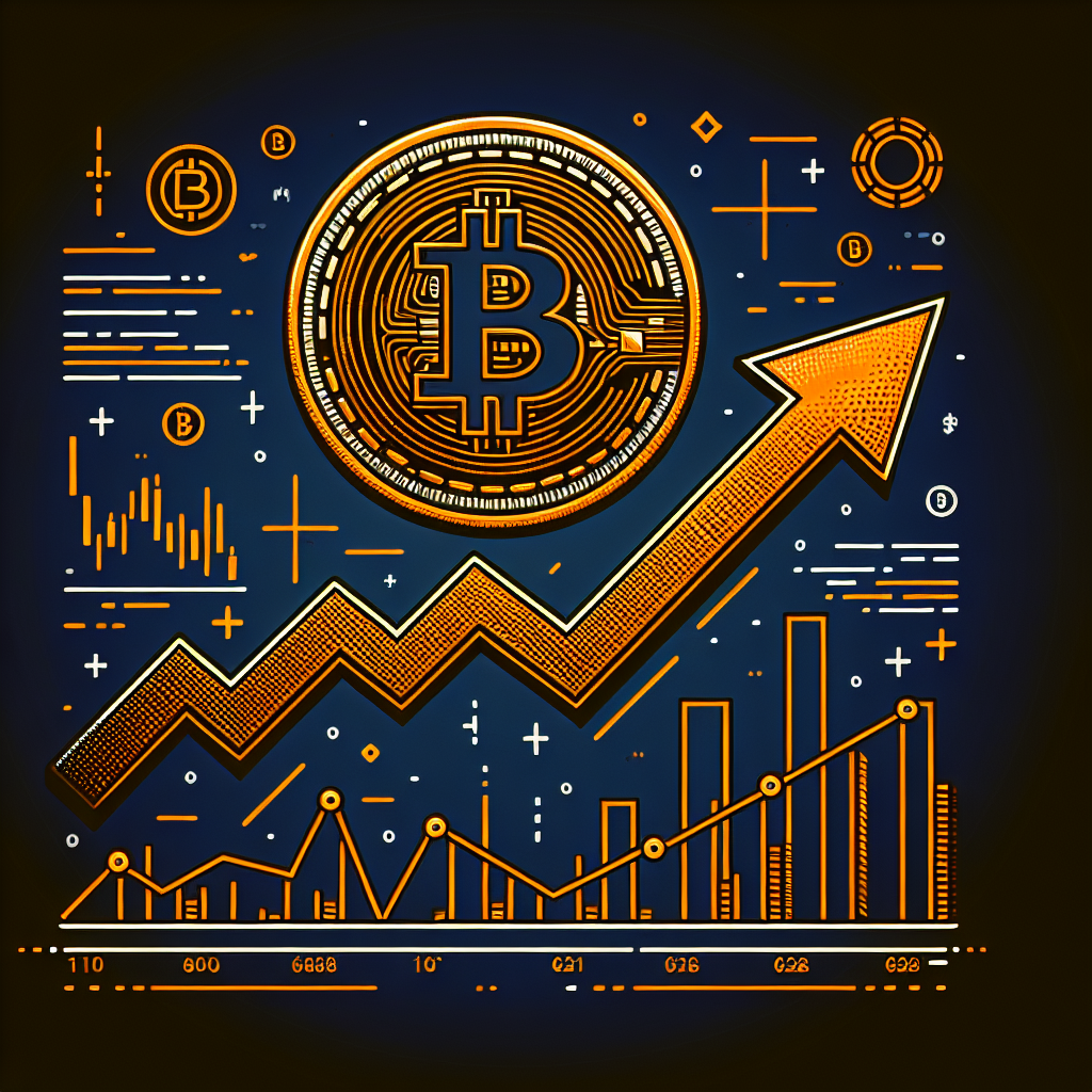 "Bitcoin coin in bright orange, soaring above a dark blue upward arrow symbolizing recovery. Blue market charts indicating fluctuation and recovery in the Midnight blue backdrop. The text 'Bitcoin's Recovery: A Potential Upswing' displayed at the bottom in vibrant orange. A perfectly fitting 1200x628 px image capturing the essence of Bitcoin's potential market upswing."