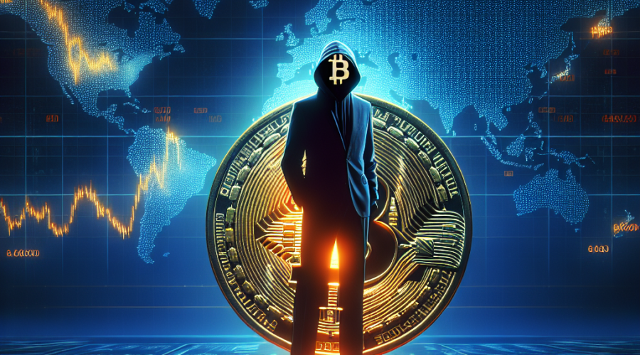 "Silhouette of ICO Jeff Park observing a highlighted Bitcoin icon on a digital world map amidst skyrocketing digital charts in shades of Orange, Dark Blue and Midnight Blue, suggesting potential sudden growth of Bitcoin value"