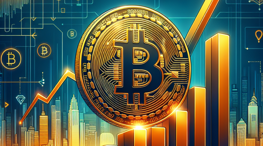 **SEO Alt-Text:** Bold modern illustration of a golden Bitcoin soaring above an upward-trending financial chart, set against a digital city skyline with abstract financial symbols and rising arrows. The image features vibrant orange (#FF9811) highlights and deep blue backgrounds (#000D43, #021B88), visually representing Bitcoin’s 7,000 milestone, institutional adoption, and the accelerating momentum of cryptocurrency in global finance.