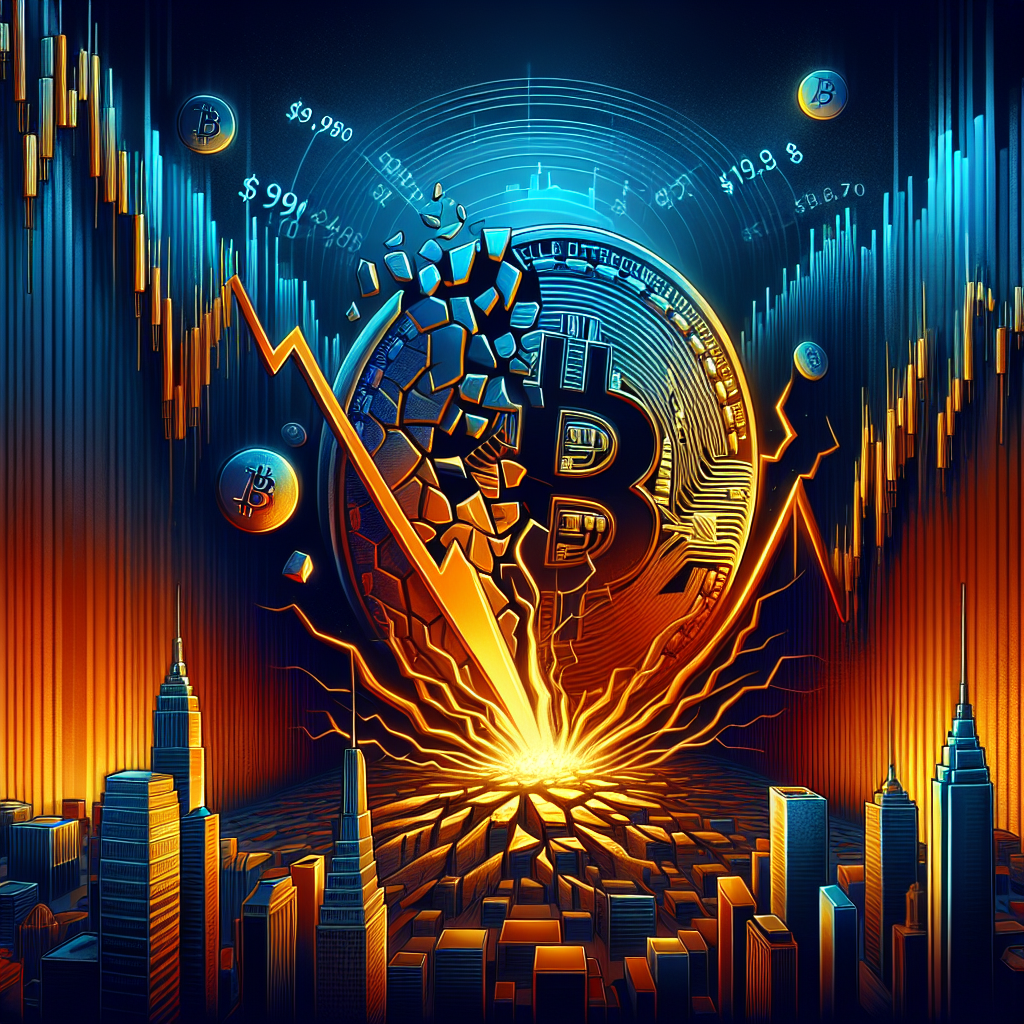 "Bitcoin coin cracking and plunging into a dramatic market graph in shades of orange and blue, symbolizing a decline followed by a thin line of light representing recovery. The graph integrates the figures ,980 and 1,700 illustrating downturn and rebound points respectively amidst elements of Wall Street and ETF redemption symbols expressing macro pressures and the concept of leverage unwind. Dimensions: 1200 x 628 pixels."