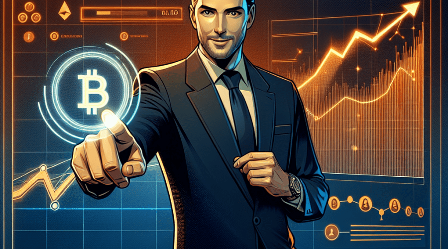 "Bitwise CIO Matt Hougan confidently illustrating Bitcoin's growth potential on a digital screen, with Harvard endowment, Abu Dhabi sovereign wealth fund, and individual holder avatars indicating widespread usage, in a digital world backdrop of brand-oriented orange and dark-midnight blue shades, alongside a subtly placed brand logo."