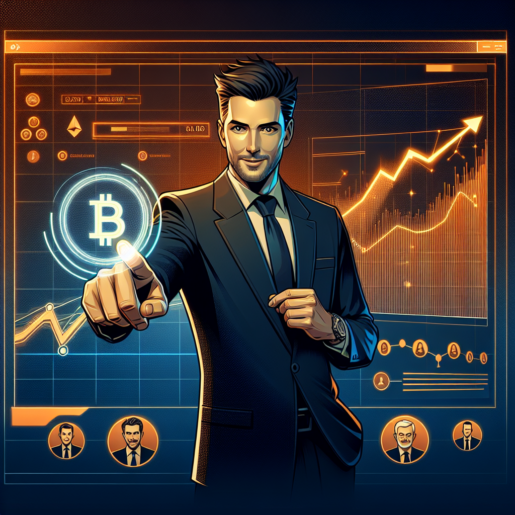 "Bitwise CIO Matt Hougan confidently illustrating Bitcoin's growth potential on a digital screen, with Harvard endowment, Abu Dhabi sovereign wealth fund, and individual holder avatars indicating widespread usage, in a digital world backdrop of brand-oriented orange and dark-midnight blue shades, alongside a subtly placed brand logo."