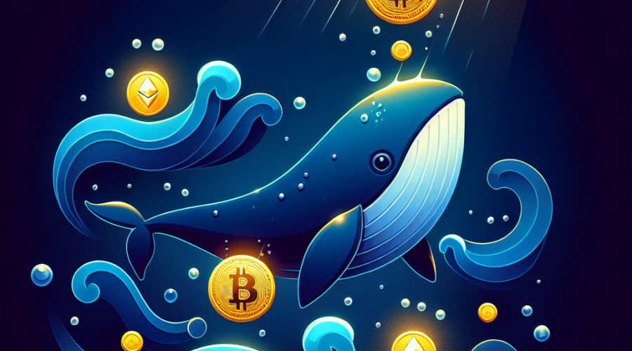 **SEO-optimized Alt-text:** Modern digital illustration of a large Bitcoin whale swimming through dark and midnight blue waters, prominently carrying glowing golden Bitcoin coins, with subtle Ethereum and Solana wave icons to represent cryptocurrency capital rotation; accented with #FF9811 orange highlights to symbolize strategic institutional power, all in a clean, futuristic style that emphasizes financial analytics and market volatility for crypto branding.
