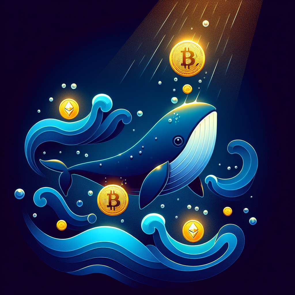 **SEO-optimized Alt-text:** Modern digital illustration of a large Bitcoin whale swimming through dark and midnight blue waters, prominently carrying glowing golden Bitcoin coins, with subtle Ethereum and Solana wave icons to represent cryptocurrency capital rotation; accented with #FF9811 orange highlights to symbolize strategic institutional power, all in a clean, futuristic style that emphasizes financial analytics and market volatility for crypto branding.