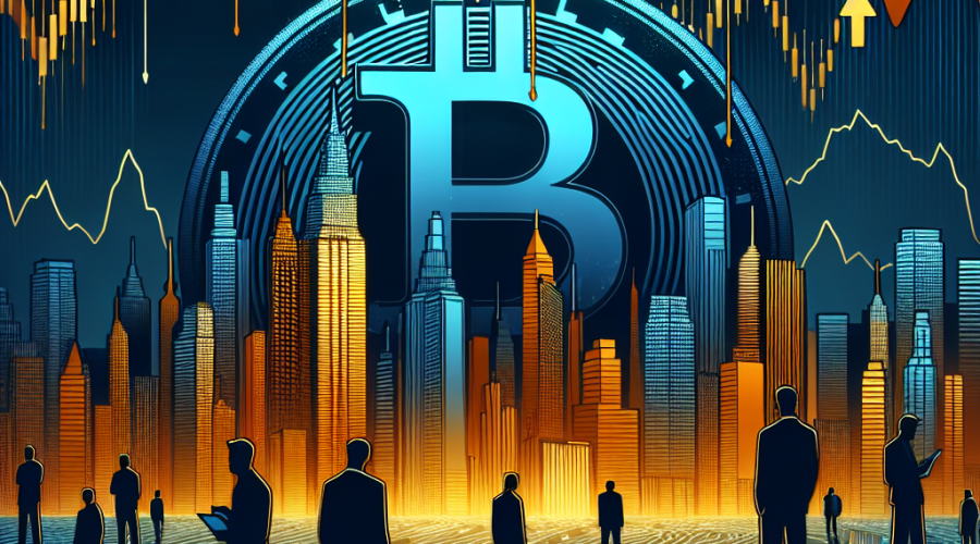 "Uncertain financial skyline during nighttime, dominantly featuring a large falling Bitcoin symbol in brand colors Orange (#FF9811), Dark Blue (#000D43), and Midnight Blue (#021B88). Subtle outward-directed arrows illustrate outflows from Bitcoin, with wavy-lined Bollinger Bands expressing market volatility. Small silhouettes of traders show market caution as they watch the scene unfold."