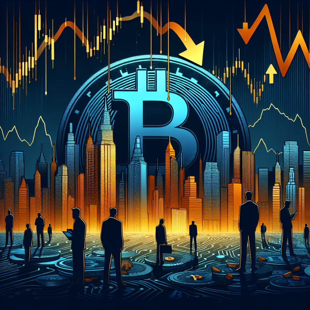 "Uncertain financial skyline during nighttime, dominantly featuring a large falling Bitcoin symbol in brand colors Orange (#FF9811), Dark Blue (#000D43), and Midnight Blue (#021B88). Subtle outward-directed arrows illustrate outflows from Bitcoin, with wavy-lined Bollinger Bands expressing market volatility. Small silhouettes of traders show market caution as they watch the scene unfold."