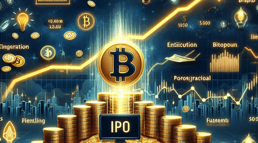 "Bitcoin's IPO moment visualized with a pile of gold coins transforming into Bitcoin symbols, rising financial chart backdrop presenting upward growth. Central vision focused on the text 'Bitcoin's IPO Moment,' dark blue #000D43. Evolution of startup idea, indicated by a lightbulb, to mature business, shown by a corporate building. Inclusion of IPO laptop screen, brand colors of orange #FF9811 and midnight blue #021B88 hinting at increased institutional adoption and shift from 1% to 5% BTC portfolio allocations."