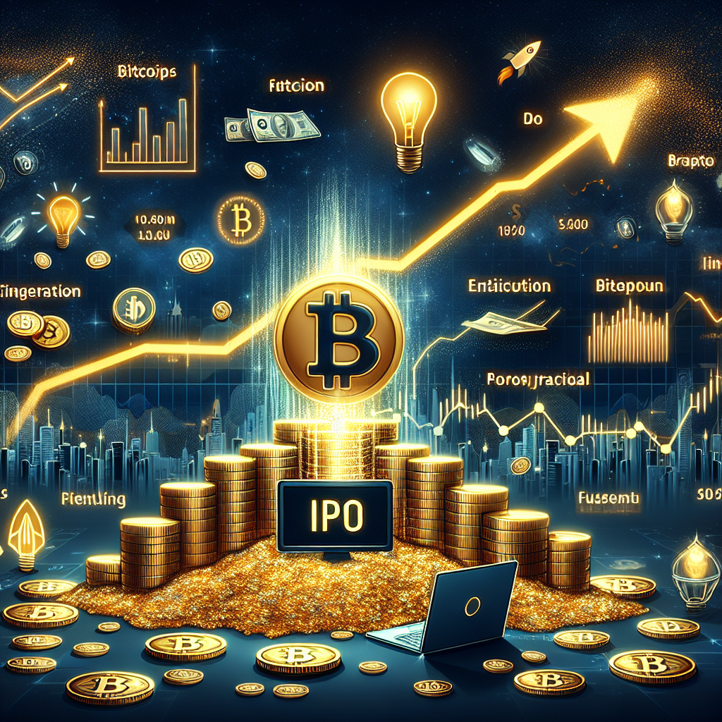 "Bitcoin's IPO moment visualized with a pile of gold coins transforming into Bitcoin symbols, rising financial chart backdrop presenting upward growth. Central vision focused on the text 'Bitcoin's IPO Moment,' dark blue #000D43. Evolution of startup idea, indicated by a lightbulb, to mature business, shown by a corporate building. Inclusion of IPO laptop screen, brand colors of orange #FF9811 and midnight blue #021B88 hinting at increased institutional adoption and shift from 1% to 5% BTC portfolio allocations."