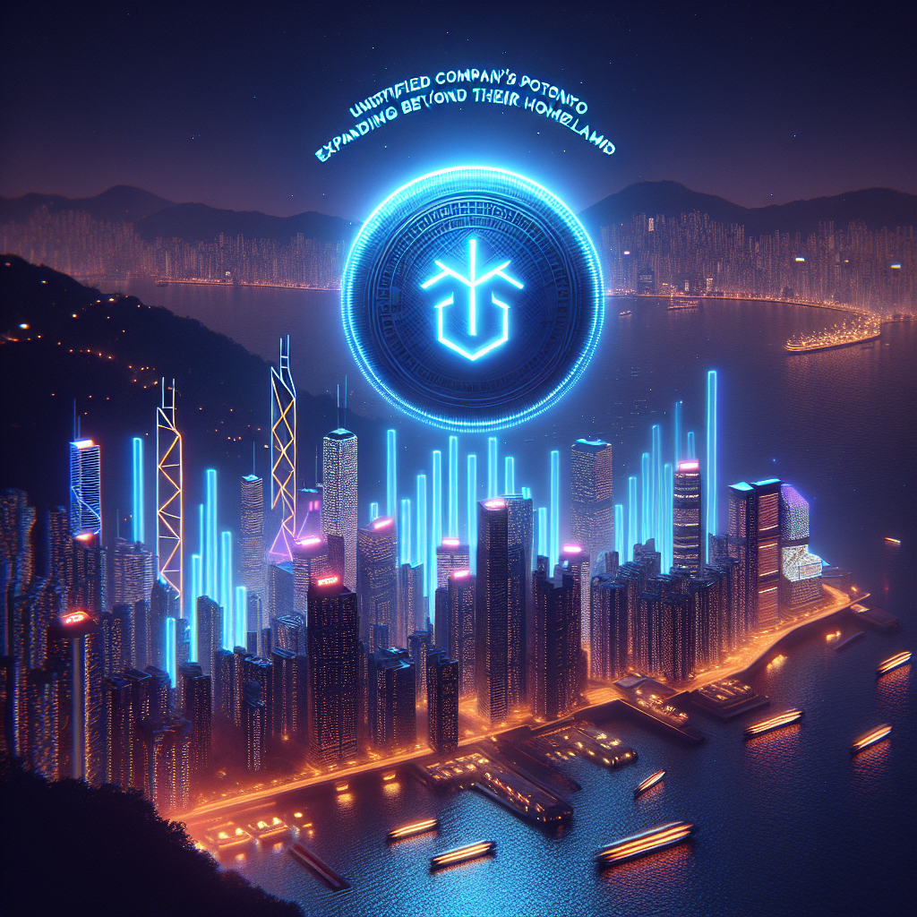 "3D digital illustration of Hong Kong skyline at night, featuring a bright Bitkub logo in dark blue amidst skyscrapers, a holographic cryptocurrency coin floating in the foreground, and a rising graph subtly integrated - representing growth and investment. The image also includes text 'Bitkub's Potential IPO' in bold midnight blue and 'Expanding Beyond Thailand' in smaller orange letters."