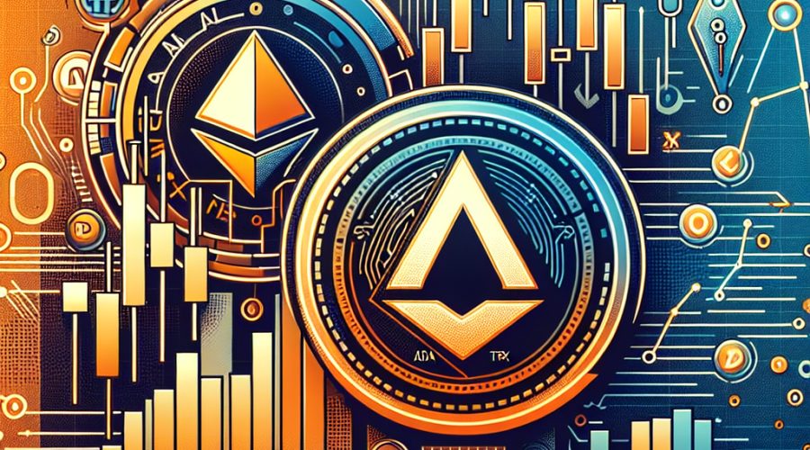 **SEO-Optimized Alt Text:** Modern digital illustration (1200x628px) showing Cardano (ADA) with abstract candlestick price charts and an upward trend channel on the left, and Remittix (RTX) as a futuristic digital coin linking crypto icons to bank buildings on the right; uses gradients with orange (#FF9811), dark blue (#000D43), and midnight blue (#021B88), visually representing cryptocurrency technical analysis, international payments, and financial innovation for a WordPress blog about crypto trends.