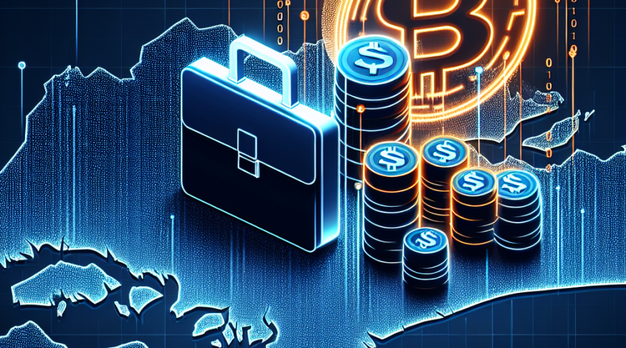 "Singapore map highlighted in midnight blue (#021B88), overlaid with a 3D Coinbase logo in orange (#FF9811) and adjacent dark blue business briefcase (#000D43), alongside an illustrative USDC coin transforming into binary code in a futuristic design to depict digital cryptocurrency transactions, appropriately sized for a WordPress blog post as 1200 x 628 px."