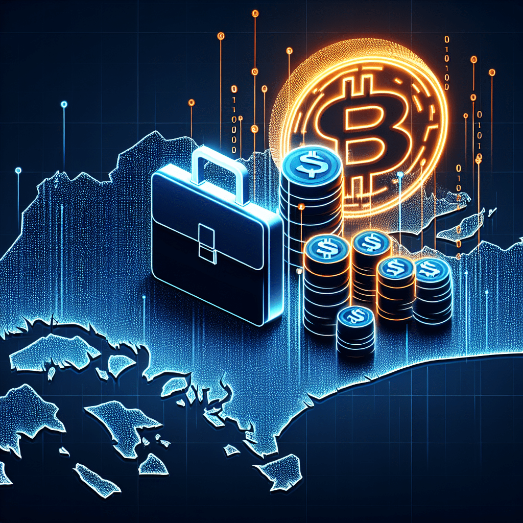 "Singapore map highlighted in midnight blue (#021B88), overlaid with a 3D Coinbase logo in orange (#FF9811) and adjacent dark blue business briefcase (#000D43), alongside an illustrative USDC coin transforming into binary code in a futuristic design to depict digital cryptocurrency transactions, appropriately sized for a WordPress blog post as 1200 x 628 px."