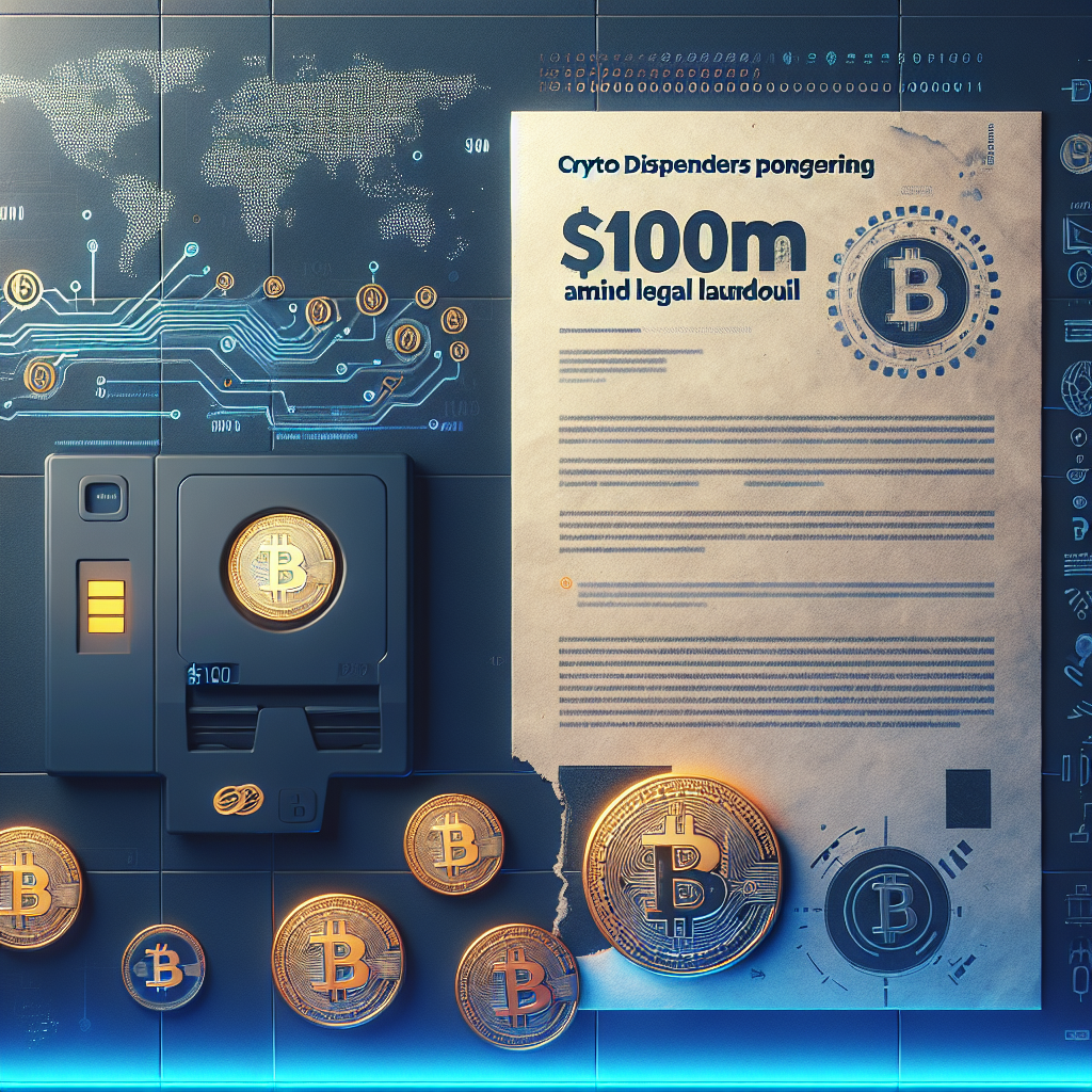 "Modern-designed image of a Crypto ATM card, legal document, global map and Bitcoin symbols in Dark Blue, Orange and Midnight Blue, representing potential 0M sale of Crypto Dispensers amidst legal issues and their transition to software from physical ATMs."