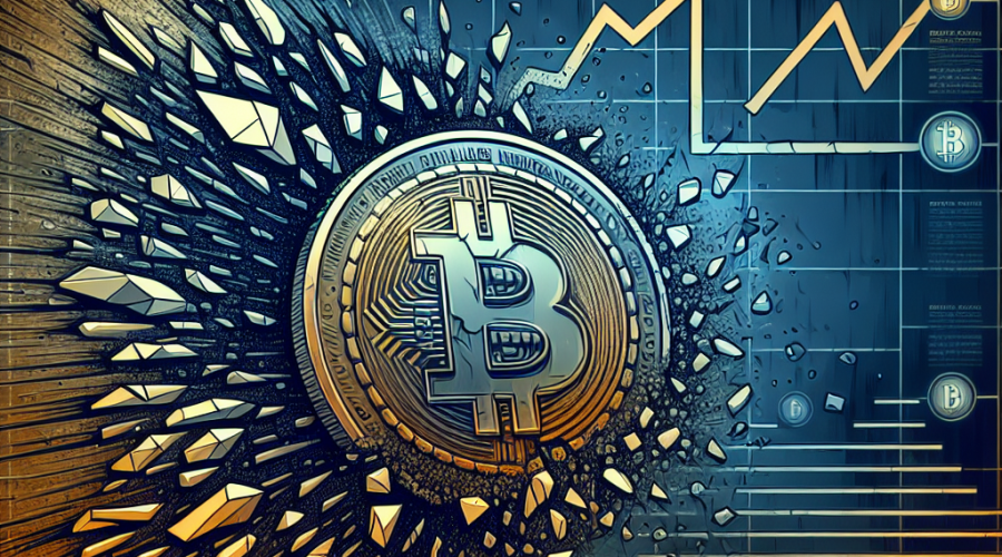 "Distressed Bitcoin coin dramatically shattering to denote lost value, with a faint downward graph in the background indicating a market crash. Image predominantly features Dark Blue and Midnight Blue with Orange accents, highlighting the title 'Crypto Market Washout', surrounded by subtle hints of various damaged cryptocurrencies to suggest a widespread crypto market crisis."