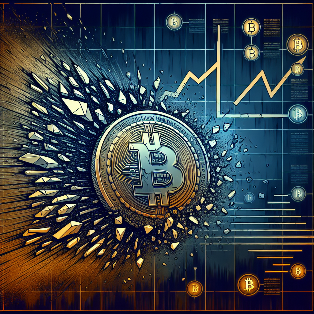 "Distressed Bitcoin coin dramatically shattering to denote lost value, with a faint downward graph in the background indicating a market crash. Image predominantly features Dark Blue and Midnight Blue with Orange accents, highlighting the title 'Crypto Market Washout', surrounded by subtle hints of various damaged cryptocurrencies to suggest a widespread crypto market crisis."