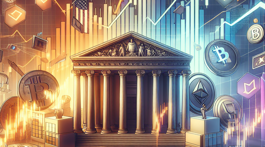 Alt-text: Digital illustration (1200 x 628 px) depicting a vibrant financial market scene with traditional stock charts, prominent Bitcoin and Solana cryptocurrency symbols, upward-trending graphs, and ETF icons. Background elements feature the US Capitol and a stylized government building, hinting at American political updates. Subtle images of dollar bills and coins suggest tariffs and fiscal stimulus. The artwork uses stable blue hues (#000D43 and #021B88) with energetic orange highlights (#FF9811), all in a modern fintech style, ideal for a finance blog.