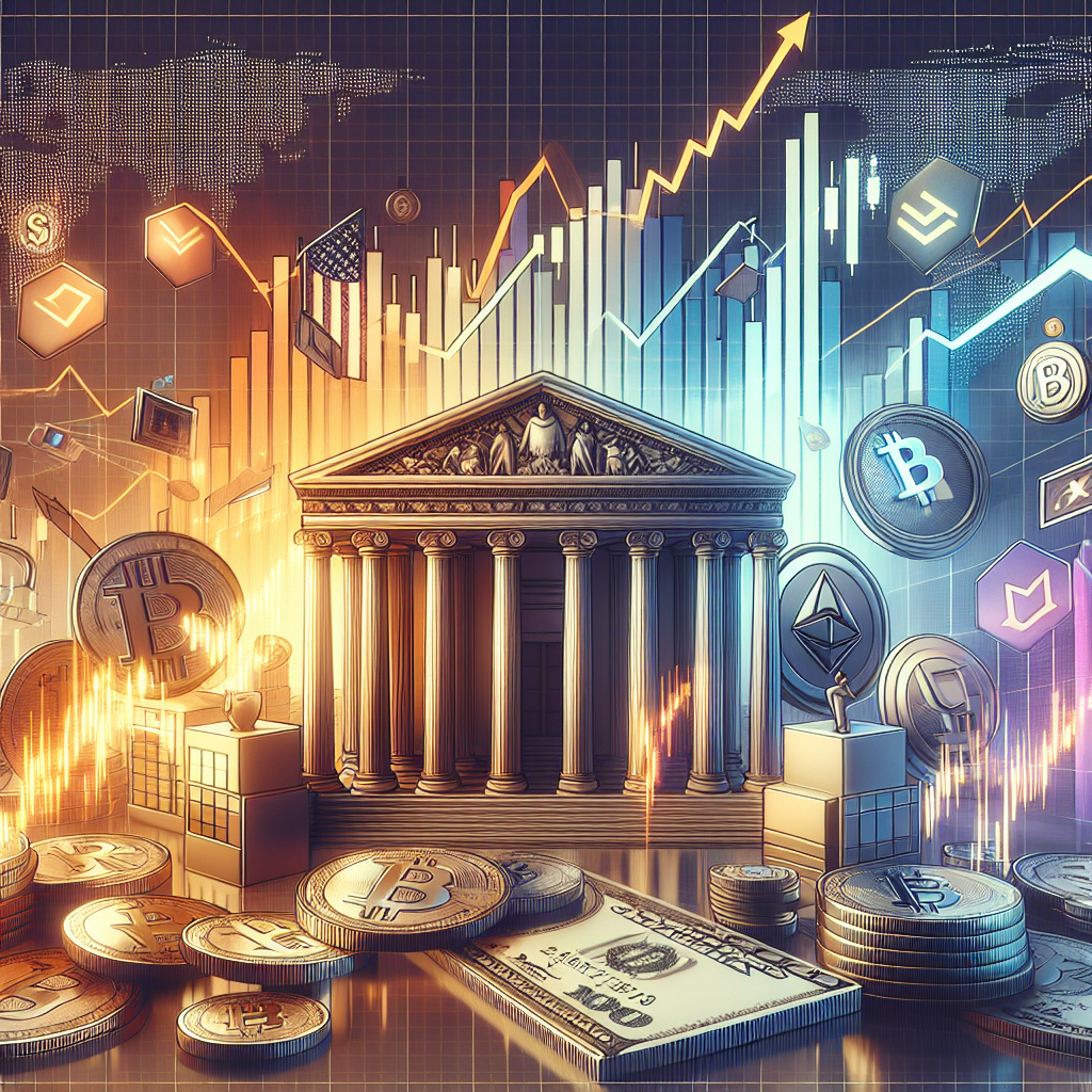 Alt-text: Digital illustration (1200 x 628 px) depicting a vibrant financial market scene with traditional stock charts, prominent Bitcoin and Solana cryptocurrency symbols, upward-trending graphs, and ETF icons. Background elements feature the US Capitol and a stylized government building, hinting at American political updates. Subtle images of dollar bills and coins suggest tariffs and fiscal stimulus. The artwork uses stable blue hues (#000D43 and #021B88) with energetic orange highlights (#FF9811), all in a modern fintech style, ideal for a finance blog.