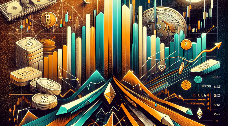 Certainly! Here’s an SEO-optimized alt-text for your described WordPress blog header image: **Alt-text:** Header image illustrating shifting crypto market sentiment with a modern, sophisticated design; background blends gold tones, dollar signs, and equities graphs for financial stability, contrasted with volatile cryptocurrency visuals like dynamic lines, candlestick charts, and declining Bitcoin, Ethereum, and Solana tokens. Bifurcation shown via upward arrows for strong miners and layer 2 networks, while AI and DePIN tokens plummet. Subtle nods to regulatory documents, ETF inflows/outflows, and protocol risk add themes of opportunity and caution. Branded orange (#FF9811), dark blue (#000D43), and midnight blue (#021B88) enhance abstract tech-forward data graphics, leaving space for headline text. Let me know if you’d like a shorter or longer version!