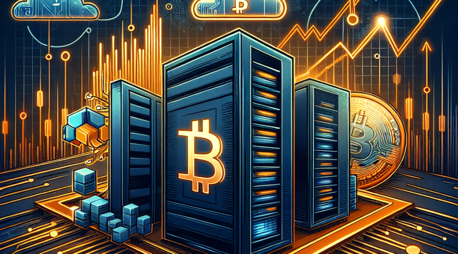 **SEO Alt-Text:** Modern digital finance banner illustration at 1200x628px featuring sleek Bitcoin miner server racks transforming into AI and HPC cloud icons, symbolizing digital transformation and institutional growth; dynamic Solana logo with circuit lines emphasizing resilient network metrics despite downward token price; abstract global economic background with subtle candlestick chart overlays, illustrating macroeconomic volatility, risk-off sentiment, and ETF flows. Uses brand colors orange (#FF9811), dark blue (#000D43), and midnight blue (#021B88) with gradients and contrasts for a professional tech-finance look.