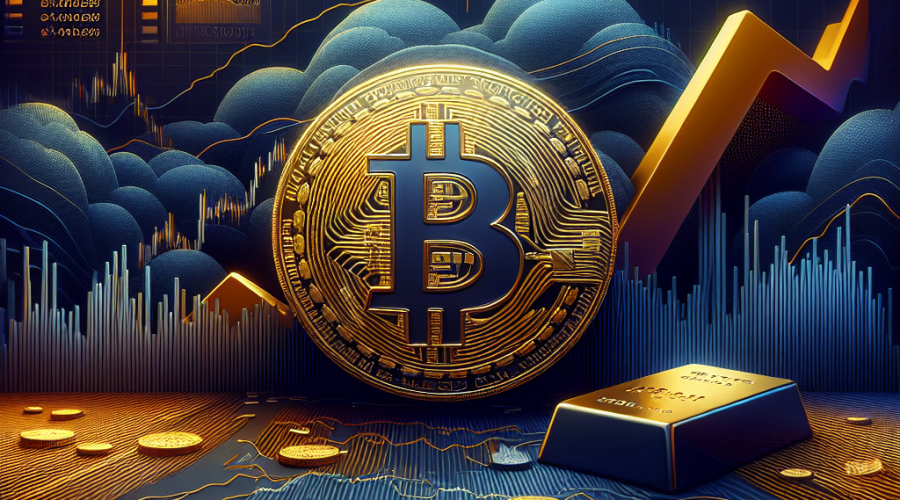 **SEO Alt-Text:** Modern 1200x628 blog image visualizing current crypto market volatility, showing a sharply dipping orange Bitcoin symbol (#FF9811) against stormy clouds and fluctuating financial charts with dark blue (#000D43) and midnight blue (#021B88) tones; a resilient gold bar appears in the corner as a "safe haven," and abstract financial graphics hint at ETF outflows and institutional investor reactions; professional, brand-aligned design for cryptocurrency analysis.