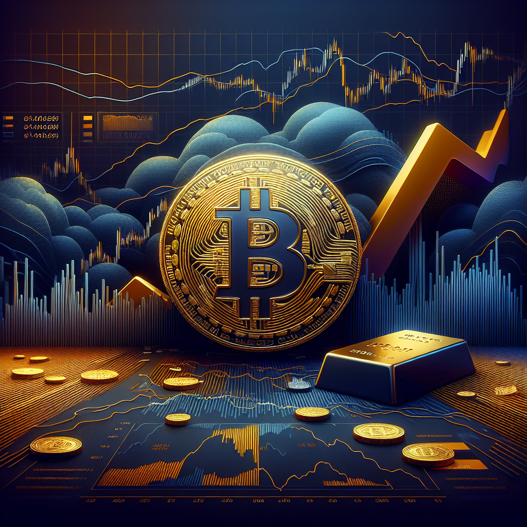 **SEO Alt-Text:** Modern 1200x628 blog image visualizing current crypto market volatility, showing a sharply dipping orange Bitcoin symbol (#FF9811) against stormy clouds and fluctuating financial charts with dark blue (#000D43) and midnight blue (#021B88) tones; a resilient gold bar appears in the corner as a "safe haven," and abstract financial graphics hint at ETF outflows and institutional investor reactions; professional, brand-aligned design for cryptocurrency analysis.