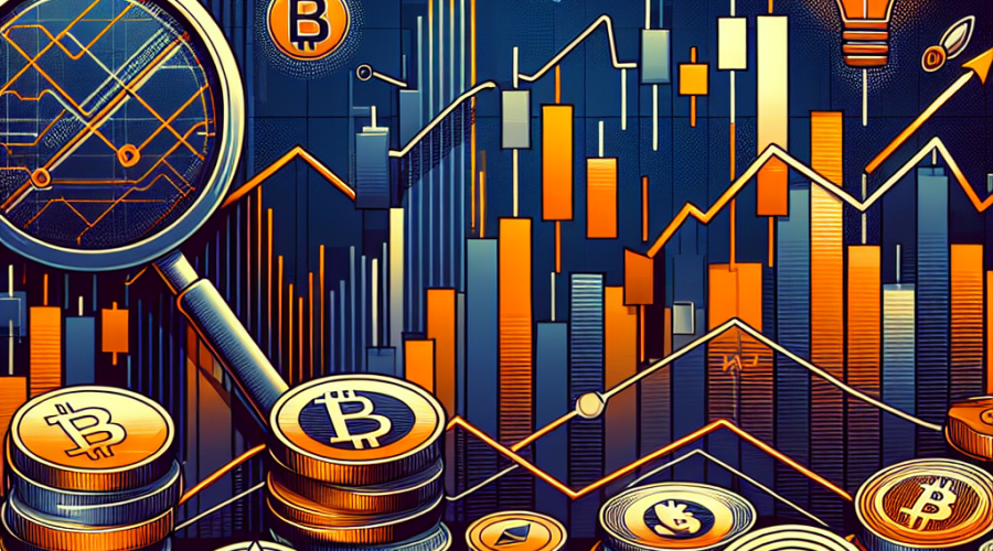 **SEO Alt-Text:** Modern digital illustration showing a volatile cryptocurrency market, sized 1200x628 pixels, using Orange (#FF9811), Dark Blue (#000D43), and Midnight Blue (#021B88) brand colors. Image features dynamic candlestick and line charts with sharp fluctuations, overlaid on stylized Bitcoin, Ethereum, and Solana coins. Institutional elements like ETF documents and macroeconomic icons—rising interest rate arrows and a dollar sign—appear in the backdrop. Subtle cues of risk aversion include a magnifying glass over crypto assets and thoughtfully observing traders, reflecting market caution and shifting sentiment. Bold, professional composition aligns with cohesive brand identity.